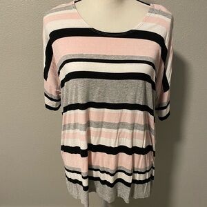 Karen Kane Pink, Grey, White, & Black Vertical Striped Blouse Size M